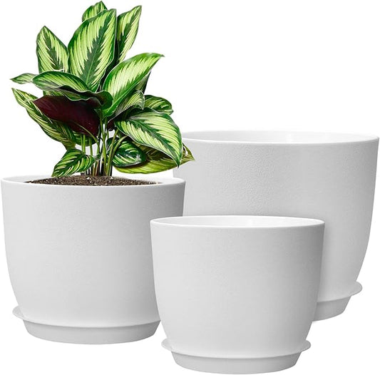 WOUSIWER Plant Pots 10/9/8 inch, Set of 3 Modern Decorative Plastic Planters with Drainage Holes and Saucers for House Plants Indoor Flowers Plants, White