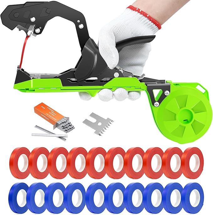 Plant Tying Machine, Upgraded Lightweight Plant Tape Gun to Tie Up Vine Quickly, Plant Tapener Tying Tool for Garden. Plant Tying Tool with 1 Blade 10000 Pcs Staples 20 Rolls Tape and 1 Glove (Green)