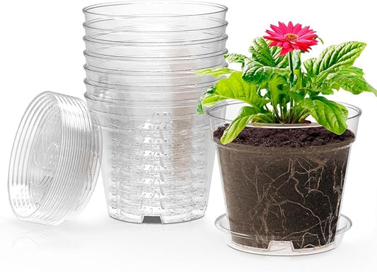 4 Inch Clear Nursery Pots, Set of 8 Transparent Plant Flower Pots for Small Indoor Plants with Drainage Holes & Trays, Plastic Seedling Starter Pots for Various Plants