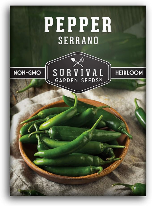 Survival Garden Seeds - Serrano Pepper Seed for Planting - Packet with Instructions to Plant and Grow Spicy Mexican Peppers in Your Home Vegetable Garden - Non-GMO Heirloom Variety