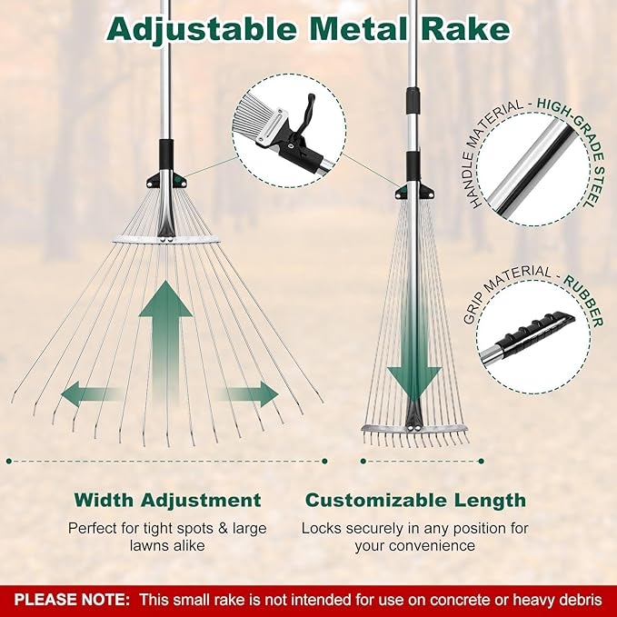 Leaf Grabber and Leaf Rake Set Includes Leaf Scoops with Long Handle, Adjustable Metal Leaf Rake, 79 Gallon Reusable Yard Waste Bags and Work Gloves, Leaf Collector Yard Tools