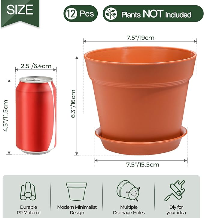 T4U 7.5 Inch Plant Pots 12-Pack - Small Plastic Planter with Drainage Hole and Saucer, Decorative Nursery Pot Bulk for African Violet, Succulent and All House Plants Indoor (Terracotta)