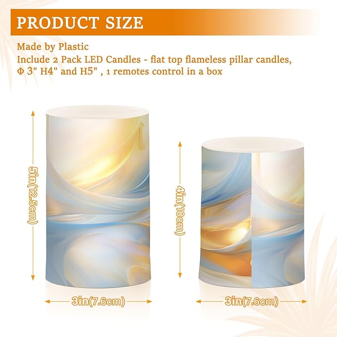 Flickering Flameless Candles, Blue Gold Marble LED Candles with Remote Timer, Set of 2 Battery Operated Candle for Valentine Wedding Birthday