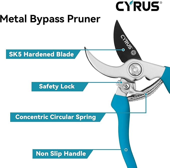 CYRUS Pruning Shears for Gardening 8" Pruners Trimming Scissors Non Stick Coating Blade with High Rebound Spring Effortless Pruning Scissors Widely Used for Gardening, Hydrology, Grow Tents