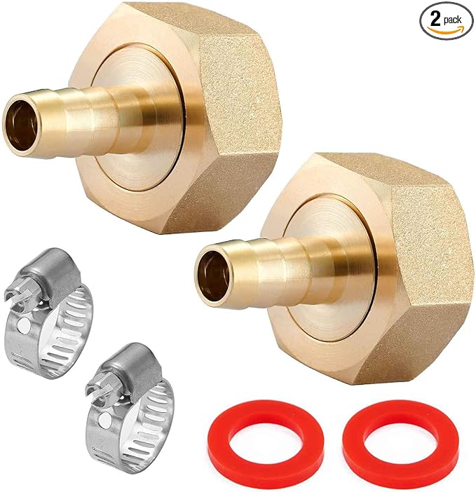 2PCS Premiunm Brass Water Hose Pipe Swivel Connector,1/2" Barb x 3/4 inch Female GHT Adapter,Copper Fitting with Stainless Clamp for House/Boat/Lawn/Power Wash/Irrigation