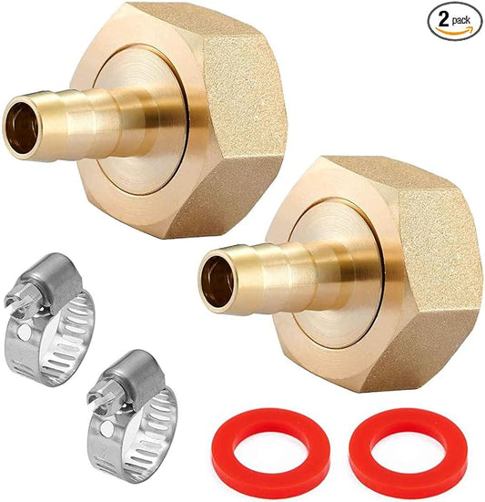 2PCS Premiunm Brass Water Hose Pipe Swivel Connector,1/2" Barb x 3/4 inch Female GHT Adapter,Copper Fitting with Stainless Clamp for House/Boat/Lawn/Power Wash/Irrigation