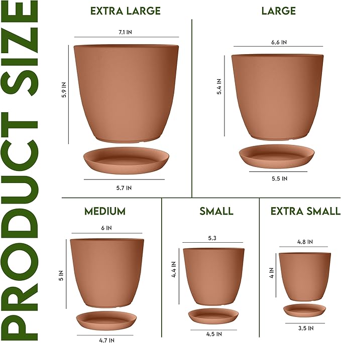 Utopia Home - Plastic Terracotta Pots with Drainage - 7/6.6/6/5.3/4.8 Inches Plant Pots or Flower Pots for Indoor Planter - Pack of 5 Plastic Planters, Cactus, Succulents Pot