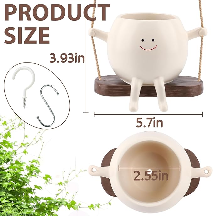 Small Swing Smiley Face Hanging Planter Pot for Indoor Outdoor Plants, Cute Swinging Plant Pot, Hanging Flower Pots, Face Planter Pot Head, Resin Succulent Planter, Valentines Day Gifts for Her