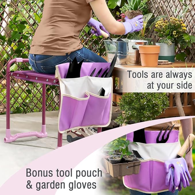 Colwelt Garden Kneeler Upgraded, Garden Kneeler Stool with Rugged & Sturdy Steel Frame, Garden Seat and Kneeler Bench with Tool Pouch, EVA Foam Pad Protects Your Knees(Purple)