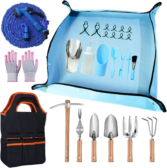 Garden Tools Set 26 Piece, Succulent Tools Set Included, Heavy Duty Stainless Steel Gardening Tools,Ergonomic Handle Tools, Storage Tote Bag,295in Water Pipe,ice Pickaxe,Ideal Gifts for Women