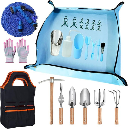 Garden Tools Set 26 Piece, Succulent Tools Set Included, Heavy Duty Stainless Steel Gardening Tools,Ergonomic Handle Tools, Storage Tote Bag,295in Water Pipe,ice Pickaxe,Ideal Gifts for Women