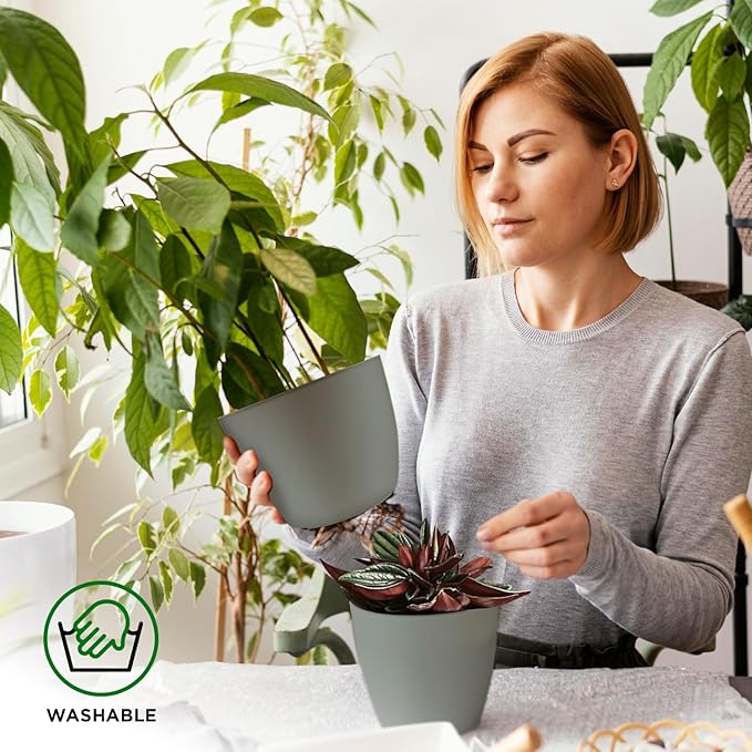 Planter Pots with Drainage Holes - Lightweight, Durable & Space-Saving Pots for Indoor and Outdoor - Versatile Functionality, Simple Modern Design, Set of 5 Plastic Planter Pots - Gray