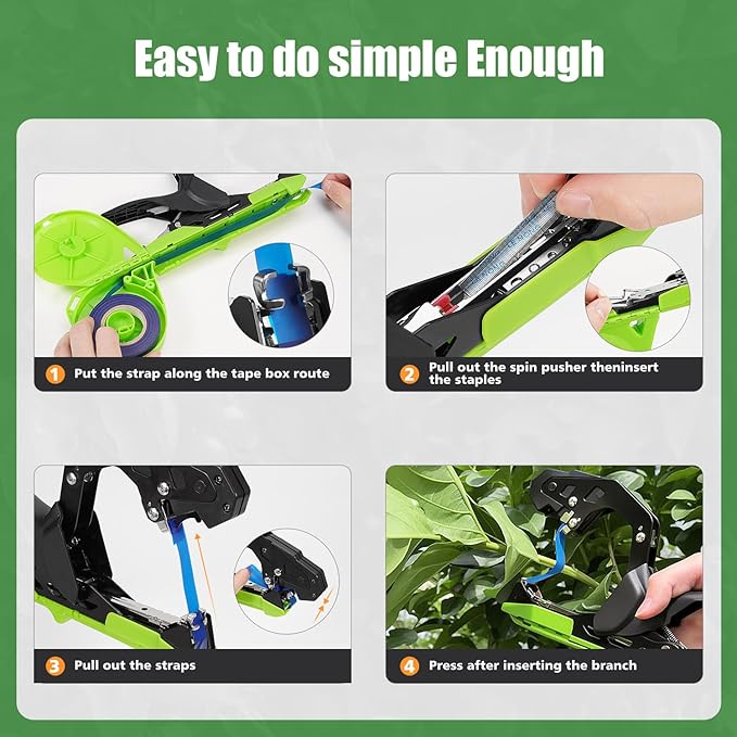 Plant Tying Machine Upgraded, Gardening Tape Tool Tapener Gun Lightweight with 12 Rolls of Tape, 1 Boxes Staples for Garden Vegetables, Grape, Tomato, Cucumber, Pepper & Flower Planting (Green)