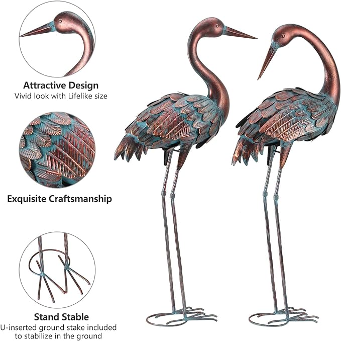 chisheen Crane Garden Statues Outdoor Yard Decorations Metal Heron Yard Art Bird Sculpture Decor for Outside Lawn Patio Large Size, for Women Mom,Set of 2