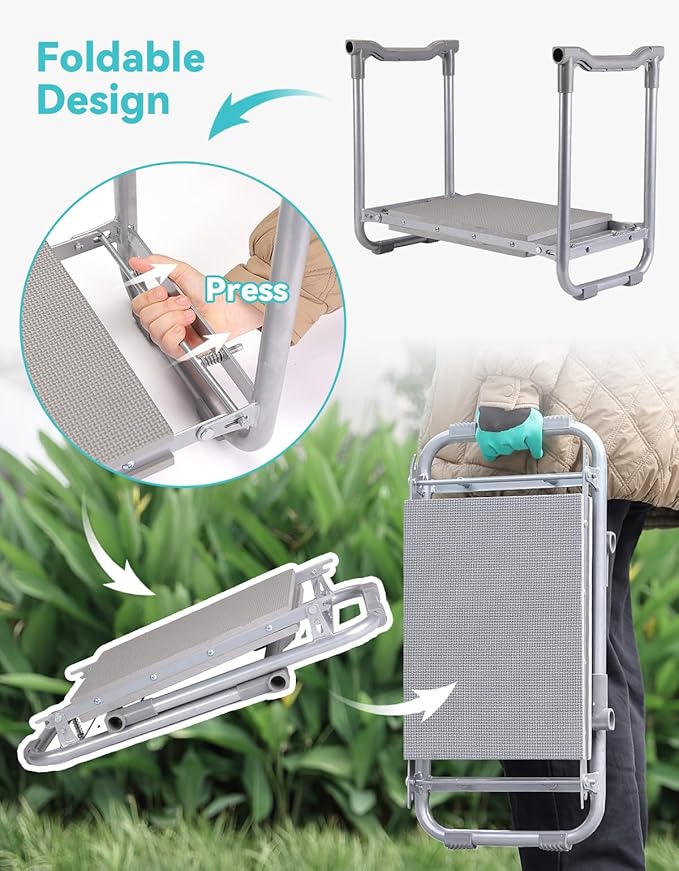 Garden Kneeler and Seat, Foldable Garden Stool 10.2" Width, Heavy Duty Knee Seat for Gardening with 2 Tool Pouches & Gloves, Gardening Accessories for Women, Grandparents, Seniors (Green)