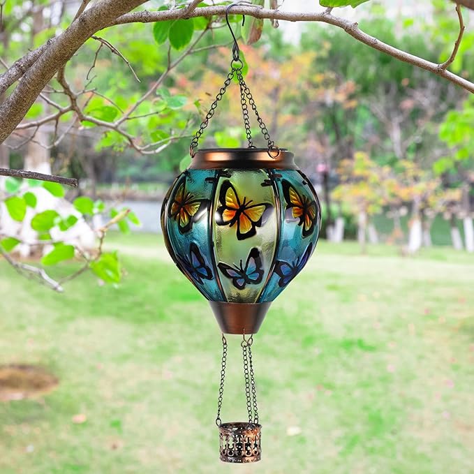 Butterfly Hot Air Balloon Solar Lantern, Solar Hot Air Balloon Flickering Flame Hanging Garden Light Candle LED Light Glass & Metal Waterproof Outdoor Lanterns Yard/Patio Decorative, Gift for Mom