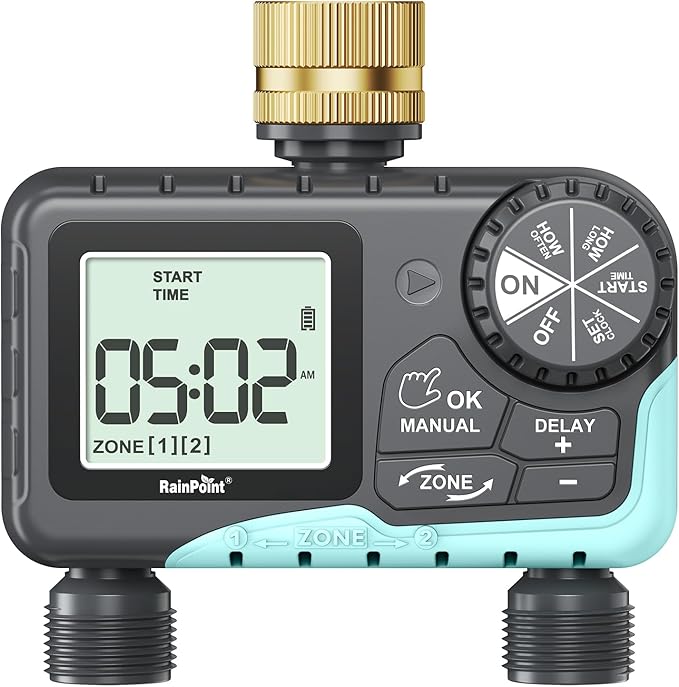 RAINPOINT Water Timer for Garden Hose - Sprinkler Timer with Brass Swivel - Rain Delay/Manual Watering/Automatic Irrigation Controller System Hose Timer Programmable Faucet Timer for Yard, 2 Outlet
