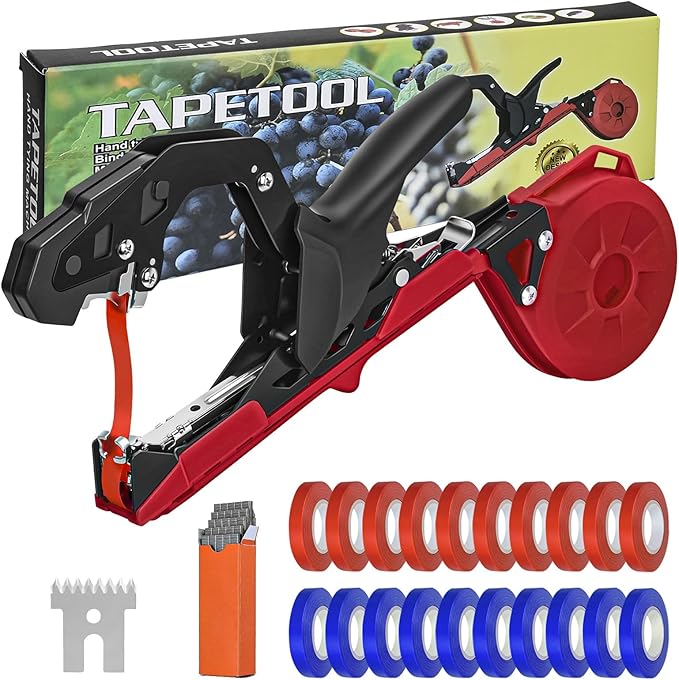 Upgraded Plant Tying Machine Gun to Tie Up Vine Tomatoes and Grapes Quickly Garden Tape Tool for Gardeners Farmers with SK5 Blade Replacement Garden Tapes and Staples
