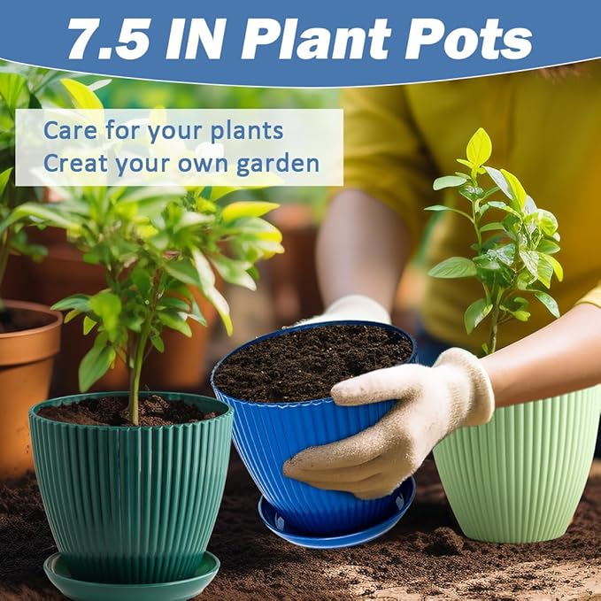 7.5 Inch Plant Pots 6 Pack, Plastic Pots for Plants with Drainage Holes and Saucers, Mix-Colores Plant Planter with 3 Colors Indoor and Outdoor Flower Pots (Top Diameter 7.5 inch Plus)