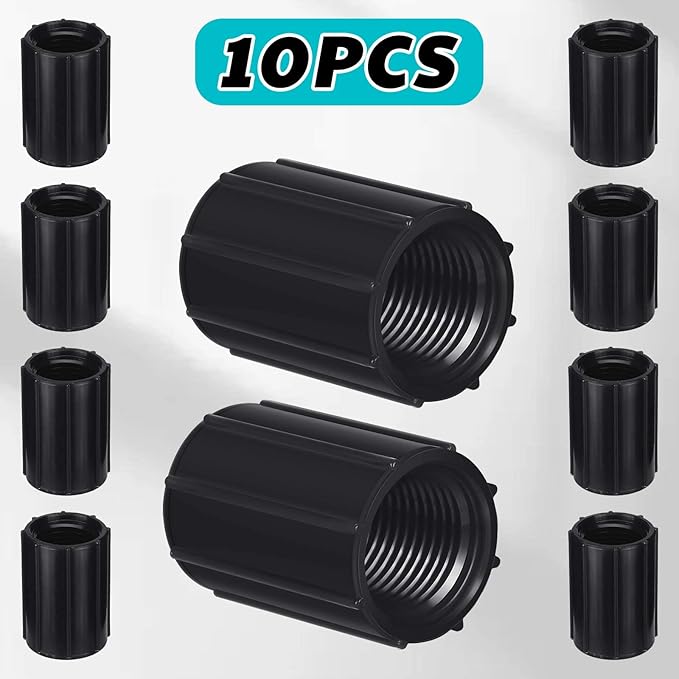 Yahenda 10 Pcs 1/2 Inch PVC Double Female Threaded Coupling Sprinkler Pipe Fitting Female Thread Pipe Fitting Garden Drip Irrigation System PVC Npt Coupler for Irrigation Tube Riser Extension (Black)