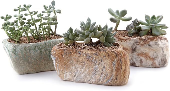 T4U 5.5 Inch Ceramic Succulent Pot Planter with Drainage Hole Set of 3, Stone Shape Rectangle Window Box Cactus Plant Containers Gift for Mom Sister Best for Home Office Table Desk Decoration