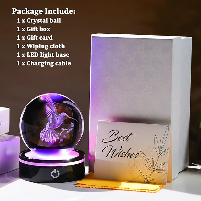 YWHL 3D Crystal Ball Hummingbird Figurine with LED Base, Hummingbird Gifts for Women Men Hummingbird Lovers on Christmas Birthday, Hummingbird Ornament Glass Decorative Ball for Home Decor (80mm)