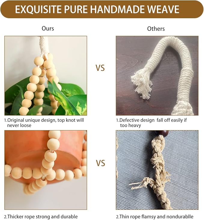 Artilady 2 Pack Beaded Plant Hanger Indoor - Macrame Hanging Planters for Plants Holder No Tassels with Wooden Beads Boho Farmhouse Rustic Home Decor