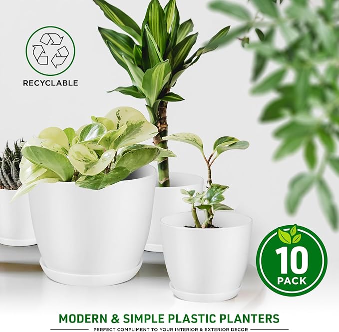 Eco Friendly Plant Pot Set - 10-Pack Home Decor Flower Indoor and Outdoor Plastic Pots with Drainage Holes, Assorted Sizes (7", 6.6", 6", 5.3", 4.8") - Stackable Garden Versatile Planters
