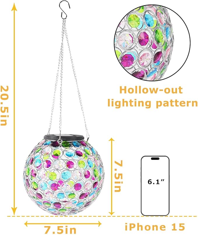 Solar Lantern Hanging Outdoor Christmas Decorative, Dual LEDs Color Changing and Cool White Crystal Globe Lamp Hanging Light Waterproof with S Hook Decor in Garden, Pathway, Front Door- Multi Color