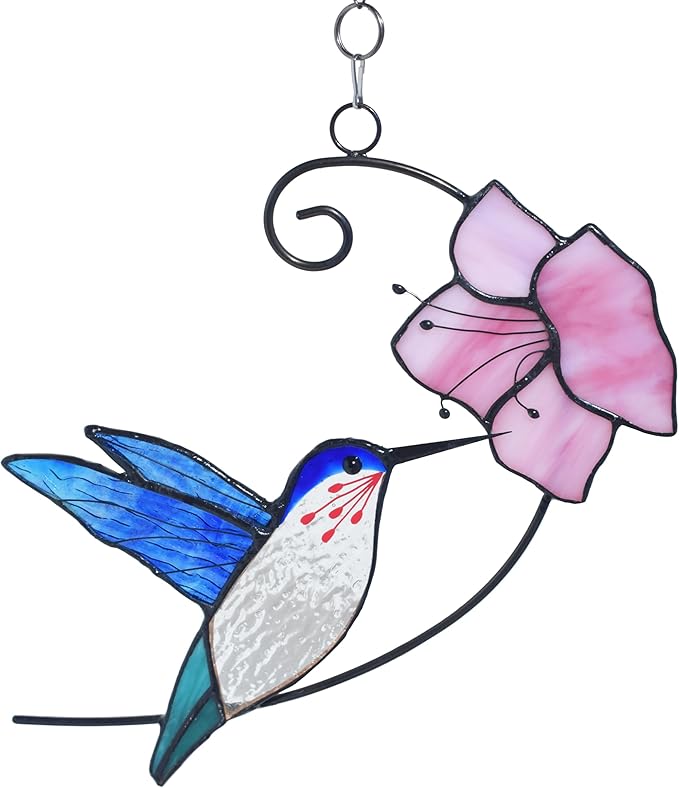 Lolitarcrafts Hummingbird with Flower Stained Glass Suncatcher Bird Stained Glass Window Hangings Hummingbird Gift for Home Decor (Blue with Flower)