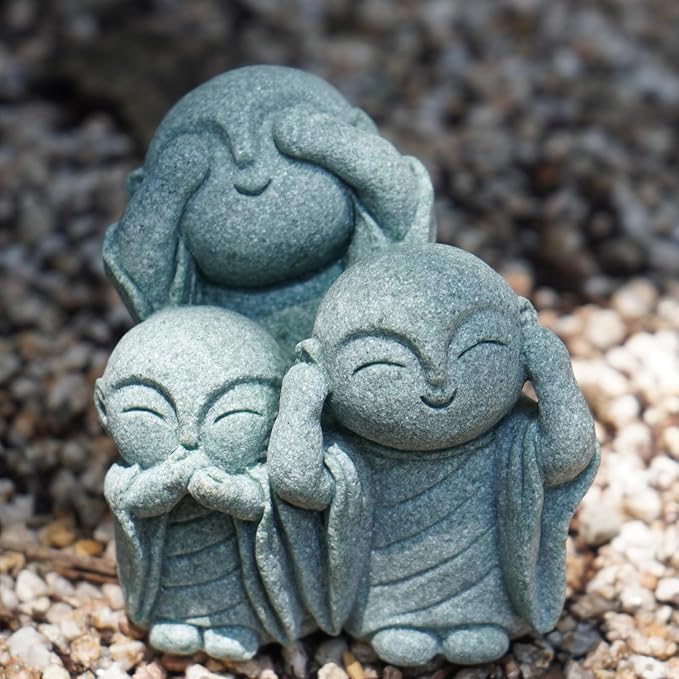 OwMell 3 Japanese Jizo Statue Stone Japanese Buddha Jizo Monk Statue Figurine Memorial Statue Aquarium Decoration Garden Outdoor Ornament 3"" - No Evil, Gray