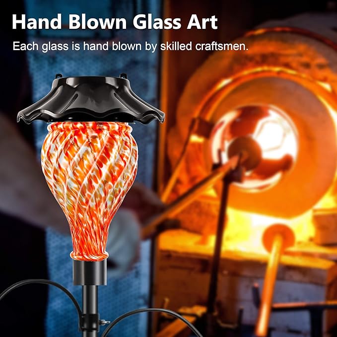 Solar Shepherds Hooks with Hand Blown Glass Lamp, Decorative RGB Lights, 4 Hooks & 1 Flag Holder, Heavy Duty Stand for Hanging Hummingbird Feeder, Bird Feeder, Plant, Garden Path Light (Red)