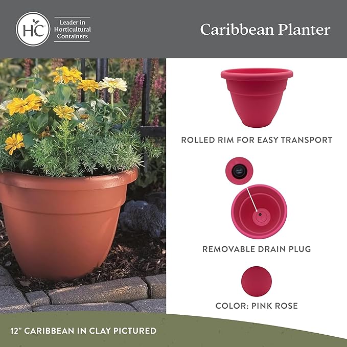 The HC Companies 16 Inch Caribbean Planter - Lightweight Indoor Outdoor Plastic Plant Pot for Herbs and Flowers, Pink Rose