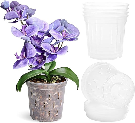 TRUEDAYS 4 Pack Orchid Pot with Saucers, 6 Inch Clear Orchid Pots with Holes, Plastic Planter with Trays, Breathable Slotted Orchids Planters for Indoor Outdoor Plants