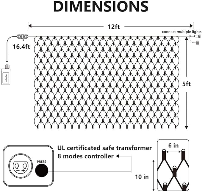 Lomotech 12ft x 5ft 360 LED Christmas Net Lights, 8 Modes Waterproof With Timer Low Voltage Connectable Mesh Lights for Trees, Bushes, Shurb, Garden, Outdoor Decoration(Green Wire, White)