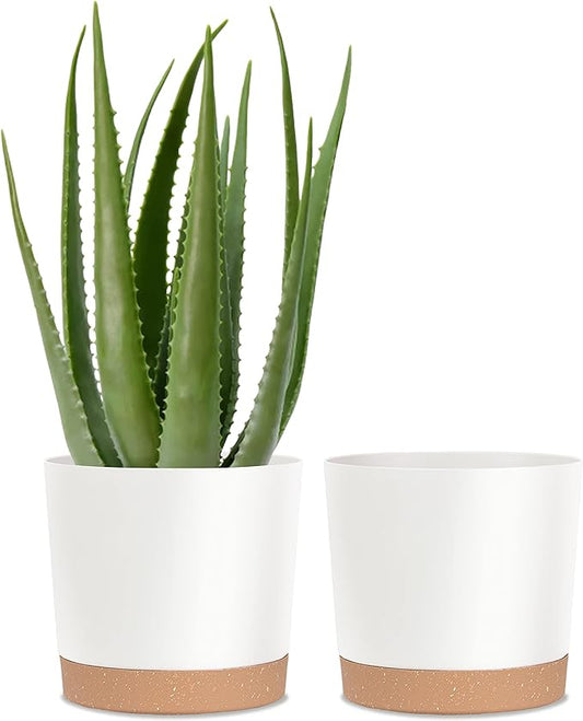 kubvici Plant Pots for Indoor Plants, 2 Pack 10 Inch Plant Pot Plastic Flower Pots Planters with Drainage Saucer for Indoor Outdoor Garden Home (10" White)