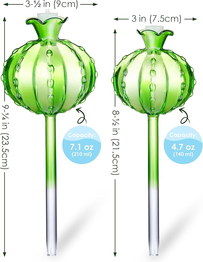 NiHome Cactus-Shaped Glass Plant Self-Watering Globes 6-Pack, Glass Waterer Stakes for Potted Plants, Automatic Mini Irrigation System, Adorable Gardening Tool (Green, 3 Large + 3 Medium)
