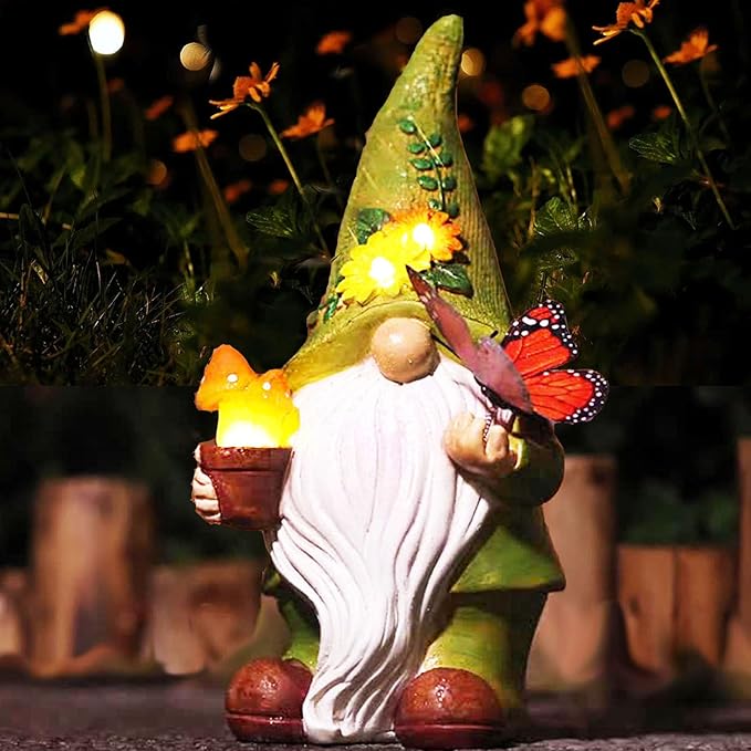 Garden Gnomes Outdoor Garden Decor-Resin Gnome with Solar Outdoor Lights Decorative Mushroom and Vivid Butterfly Spring Gnomes Decorations for Yard Decor,Gardening Gifts for Women