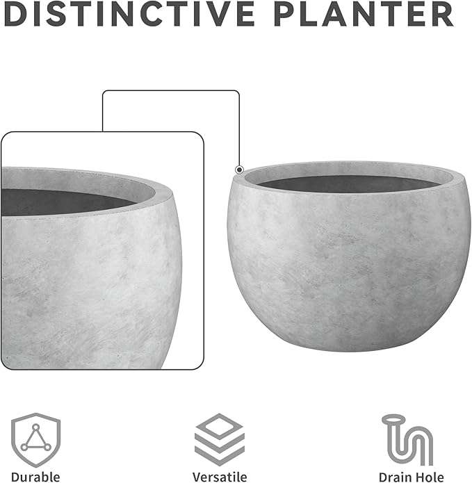 Kante 19.9",15.7",11.8" Dia Round Concrete Planter Set of 3, Outdoor/Indoor Large Bowl Plant Pots with Drainage Hole and Rubber Plug for Garden Patio Balcony Home, Natural Concrete