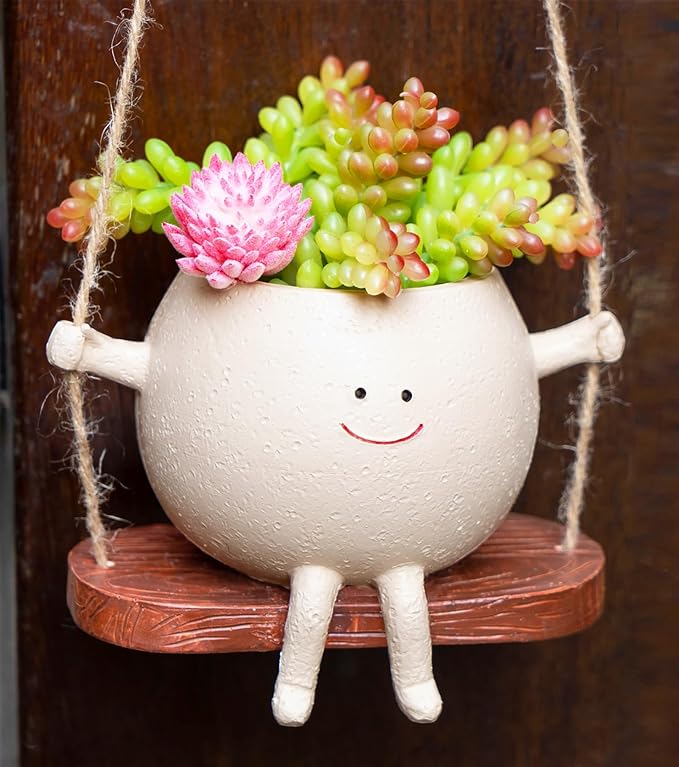 Hanging Planter,Cute Swinging Planter with Smiley Face, for Indoor/Outdoor Plants,Swinging Plant Pot Hanging with Drainage Hole, (Swing,Khaki)