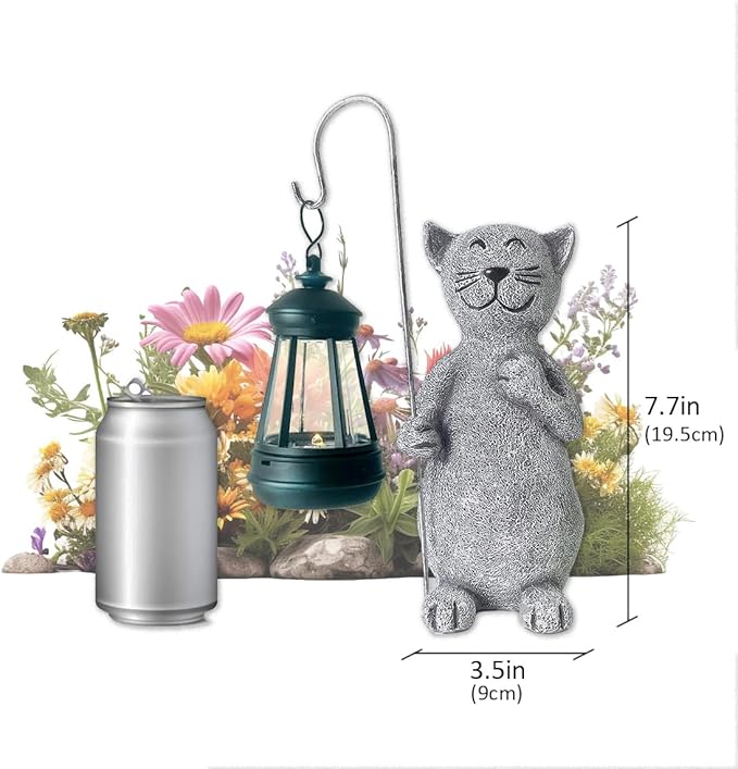 lightsfever Animal Garden Statue with Solar Lantern, Cute for Patio,Balcony,Yard, Lawn, Gift for Grandma, Garden Gifts Women, Outdoor Decor, Gardening Gifts (Gray Cat)