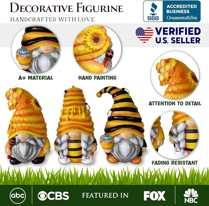 Spring & Summer-Themed Garden Statues – Adorable Outdoor Decor for Lawn, Patio & Porch (Buzzy Trio Set of Three Bumble Bee Gnome Figurines, 6" Tiered Tray Home or Garden Decoration)