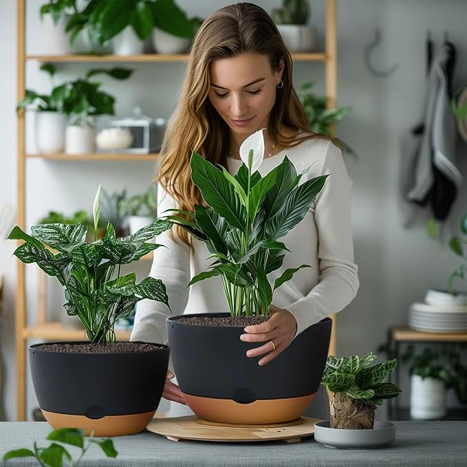 8/10/12 Inch Pots for Indoor Plants, Large Self Watering Planters with Drainage and Saucers, Plastic Outdoor Flower Pot, Set of 3, Grey