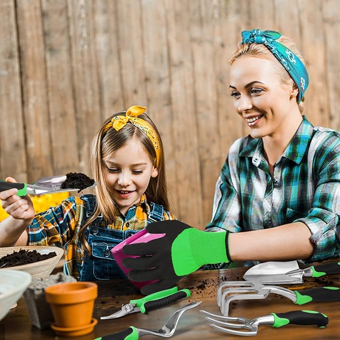 sungwoo Garden Tool Set 8 Piece, Heavy Duty and Lightweight Aluminium Alloy Tools with Ergonomic Handle, Storage Tote Bag, Gardening Hand Tools, Gardening Gifts for Women and Men Green