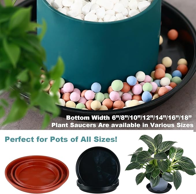 4 Pack Bottom 14 Inch Plant Saucers for Indoors Outdoors Plastic Plant Water Catcher Trays No Holes Round Flower Pot Drip Trays for Pots Base Heavy Duty Plant Pot Saucers Water Drainage Trays, Black