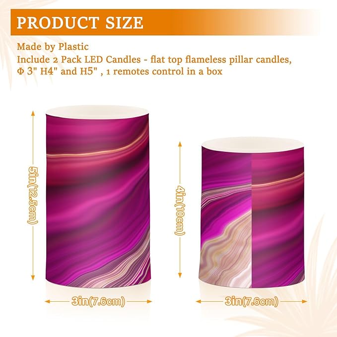 Flickering Flameless Candles, Fuchsia Gold Fluid Marble LED Candles with Remote Timer, Set of 2 Battery Operated Candle for Valentine Wedding Birthday