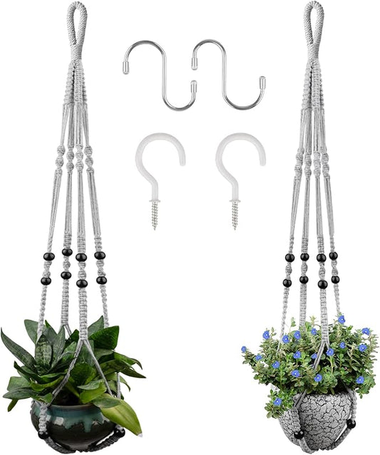 Macrame Plant Hanger for 5 to 10 Inch Plant Pots, Set of 2 Indoor Handmade 35 Inch Woven Rope Hanger Kits with Hooks and Wood Beads, Hanging Planter Basket Holder for Boho Home Decor (Grey, 2 Pack)