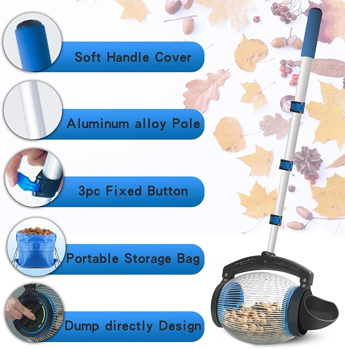 Zozen Acorn Picker Upper Roller, Acorn Dedicated Version | High Density Steelwire Gap - Directly Dump Outlet, Also Pick Nerf Balls, Pick Up Size 3/8'' to 1'' Small Diameter Objects, Capacity 1 Gallon