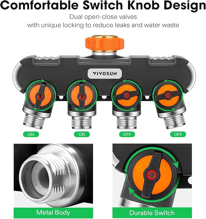 VIVOSUN Garden Hose Splitter 4 Way, Heavy Duty Water Hose Connector 3/4", Water Hose Manifold, Faucet Adapter with Comfortable Rubberized Grip for Drip Irrigation, Lawns