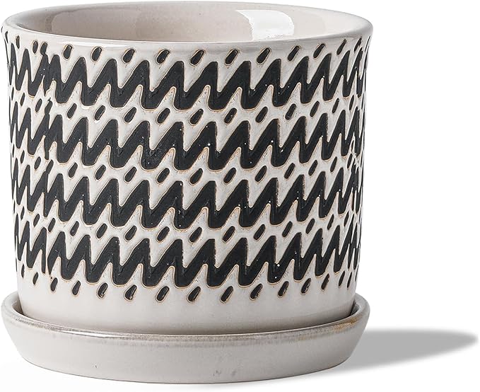 6 Inch Plant Pots: Ceramic Planter Pot with Drainage Hole & Saucer - Planters for Indoor/Outdoor Plants - Flower Pot with Bonded Tray for Home/Office - Wave Stripe Debossed